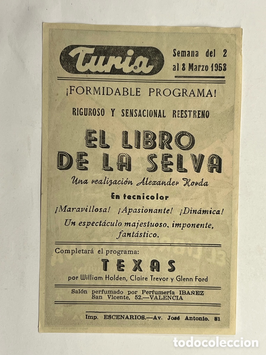 Cine: CINE T&Uacute;RIA VALENCIA. Programa de mano EL LIBRO DE LA SELVA (a.1953) - Foto 2