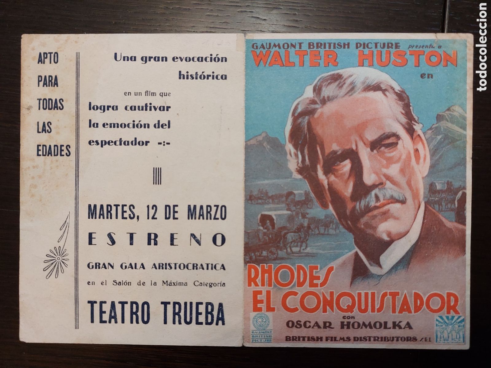 Folhetos de m&atilde;o de filmes antigos de cinema: Programa doble Rhodes, el conquistador con Walter Huston . Publicidad Teatro Trueba.