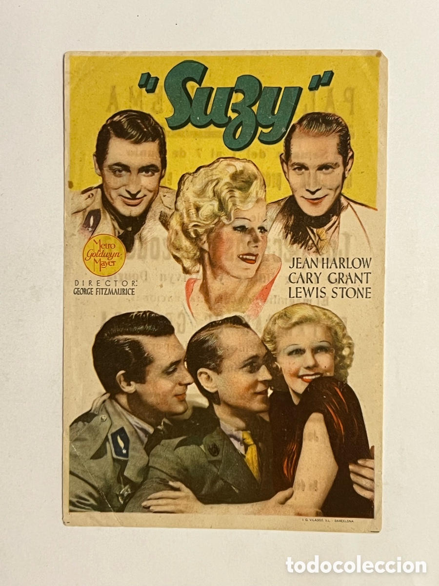 Folhetos de m&atilde;o de filmes antigos de cinema: PALACIO CINEMA VALENCIA. Folleto de Mano, SUZY.., JEAN HARLOW, CARY GRANT (h.1936?)