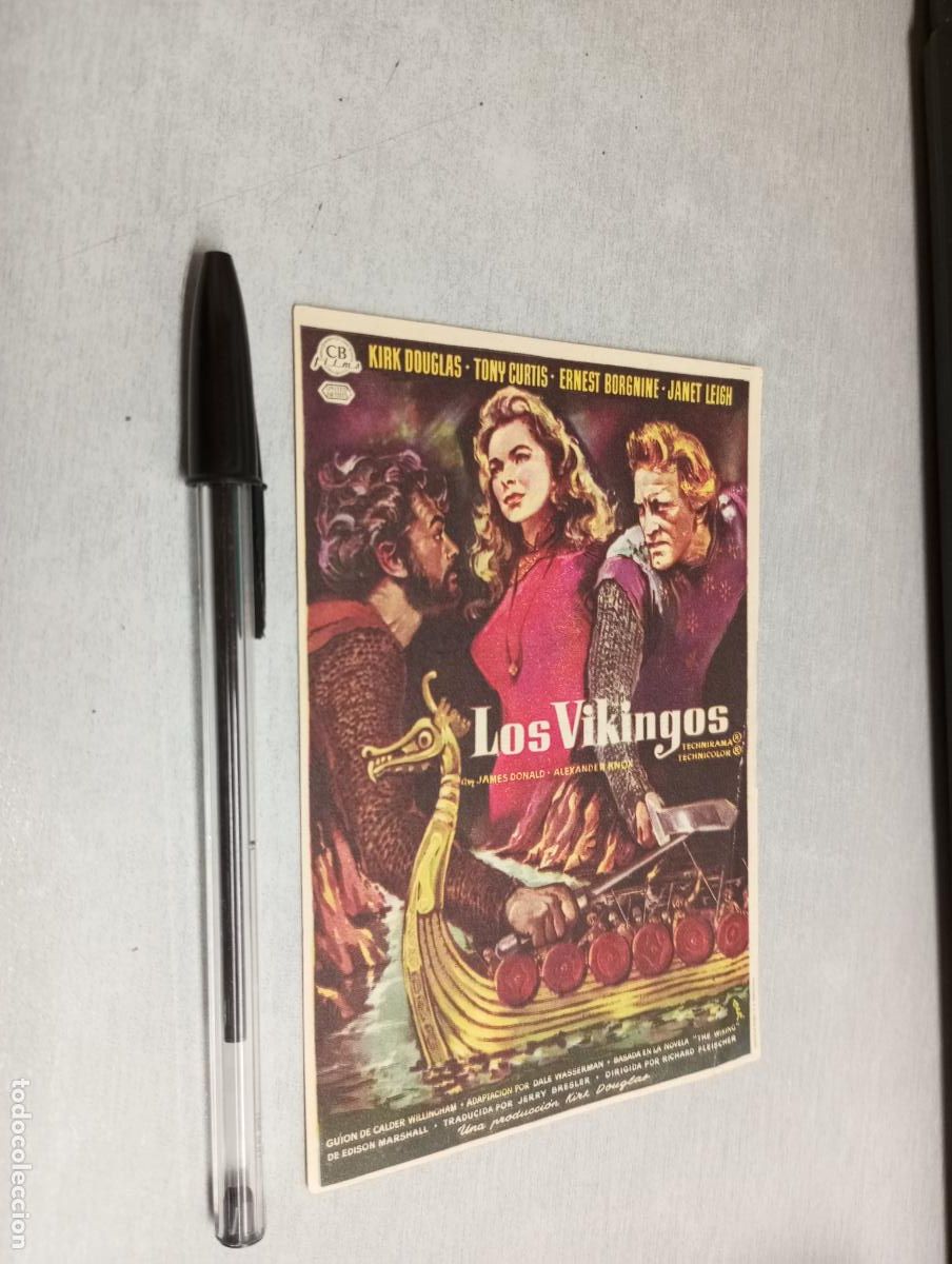Folhetos de m&atilde;o de filmes antigos de cinema: LOS VIKINGOS / KIRK DOUGLAS / PROGRAMA SENCILLO - PUBLICIDAD CINE CERVANTES, VILLENA 1959