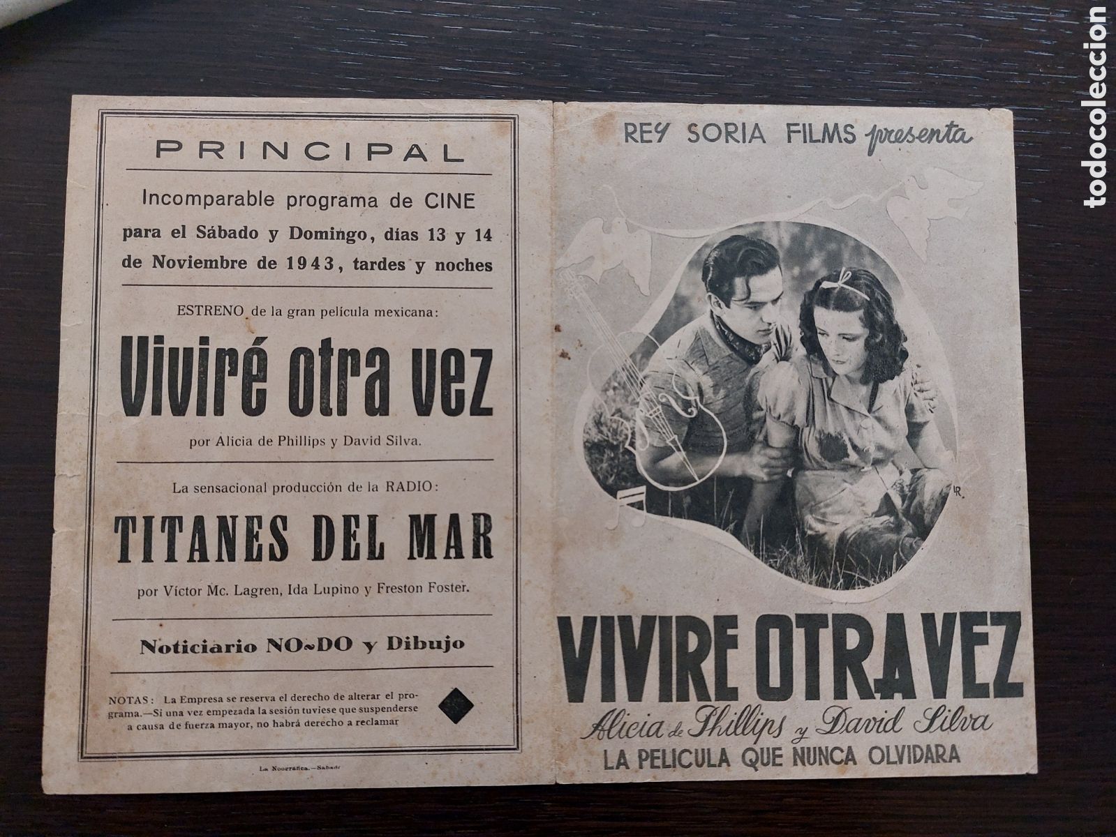 Folhetos de m&atilde;o de filmes antigos de cinema: Programa doble Vivire otra vez con Alicia de Phillips . Publicidad Principal, Sabadell 1943