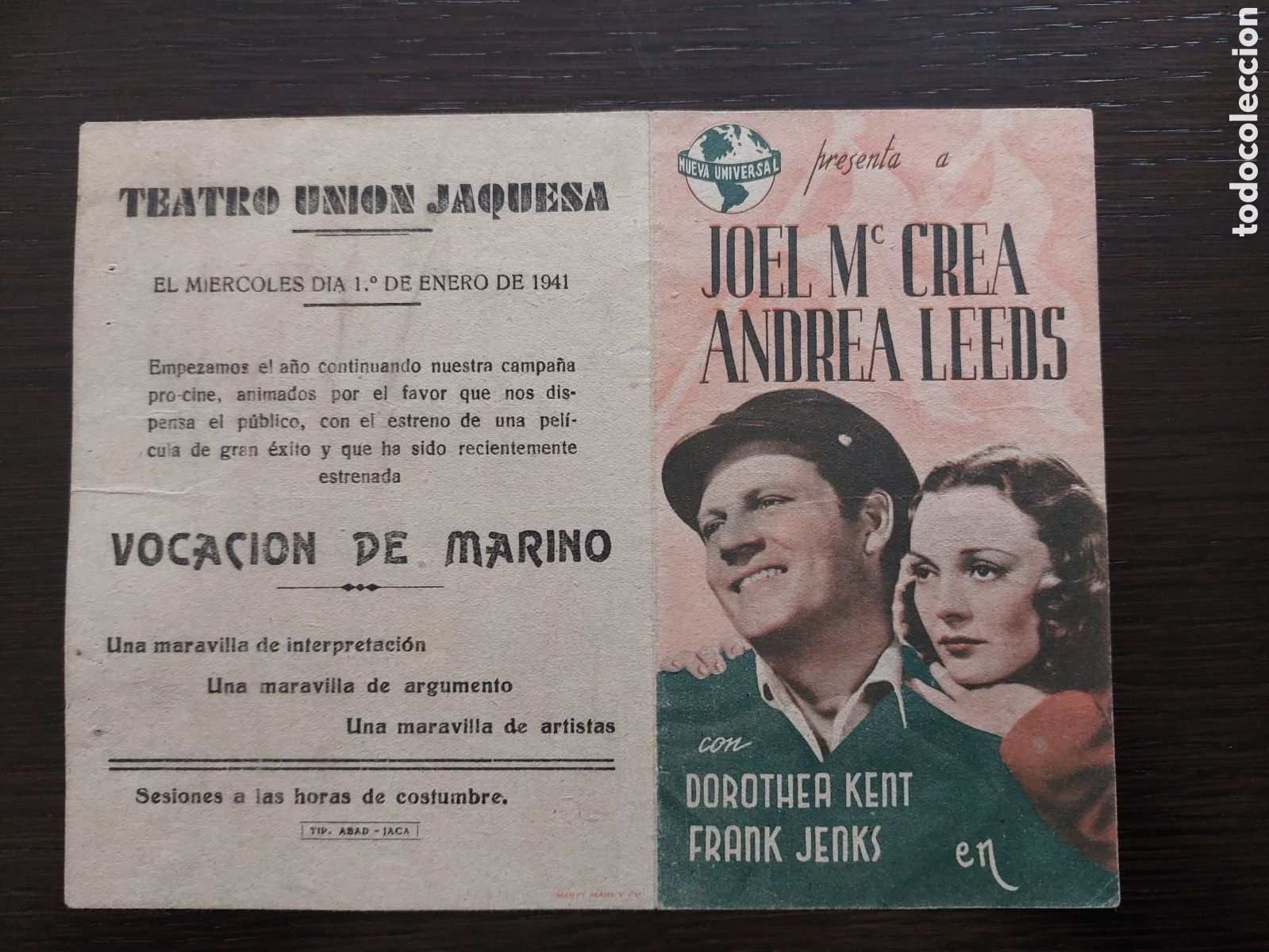 Folhetos de m&atilde;o de filmes antigos de cinema: Programa doble Vocaci&oacute;n de marino con Joel McCrea . Publicidad Teatro Uni&oacute;n Jaquesa.