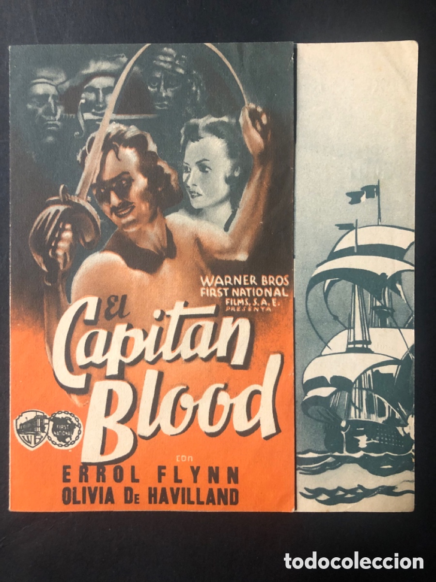 Folhetos de m&atilde;o de filmes antigos de cinema: Programa el capit&aacute;n blood Errol flynn con publicidad excelsior cinema A11