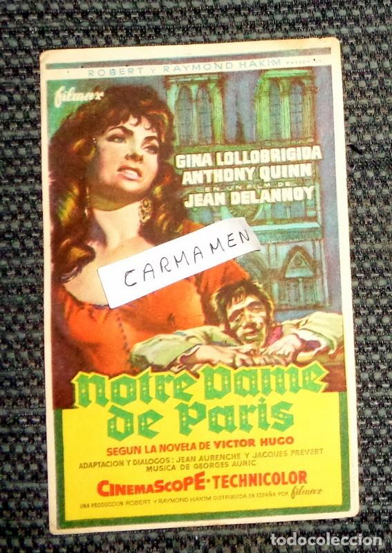 Foglietti di film di film antichi di cinema: ANTIGUO PROGRAMA MANO CINE CARTEL PEL&Iacute;CULA. NOTRE DAME DE PARIS. GINA LOLLOBRIGIDA. SIN PUBLICIDAD