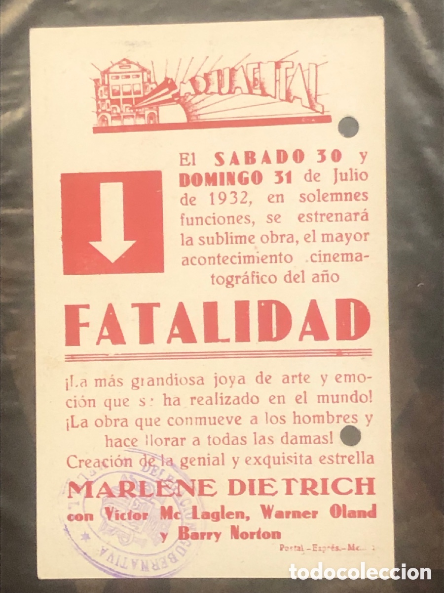 Cine: PTCC 506 FATALIDAD PROGRAMA TARJETA PARAMOUNT MARLENE DIETRICH B - Foto 3