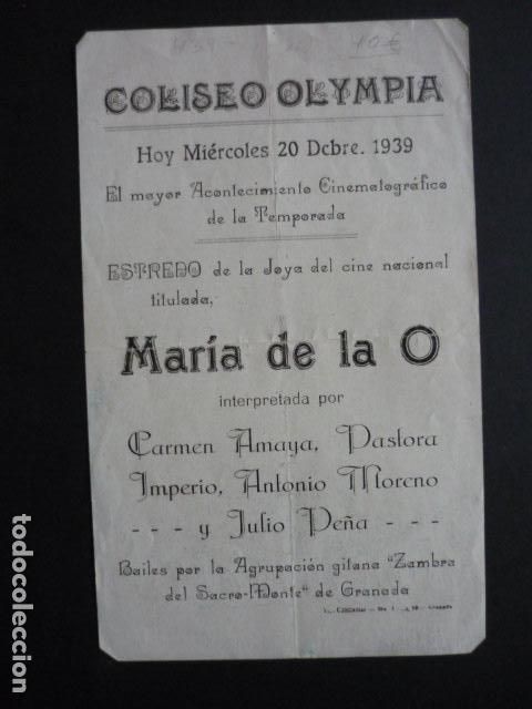 Cine: MARIA DE LA O PROGRAMA DE MANO CON PUBLICIDAD COLISEO OLYMPIA GRANADA - Foto 2