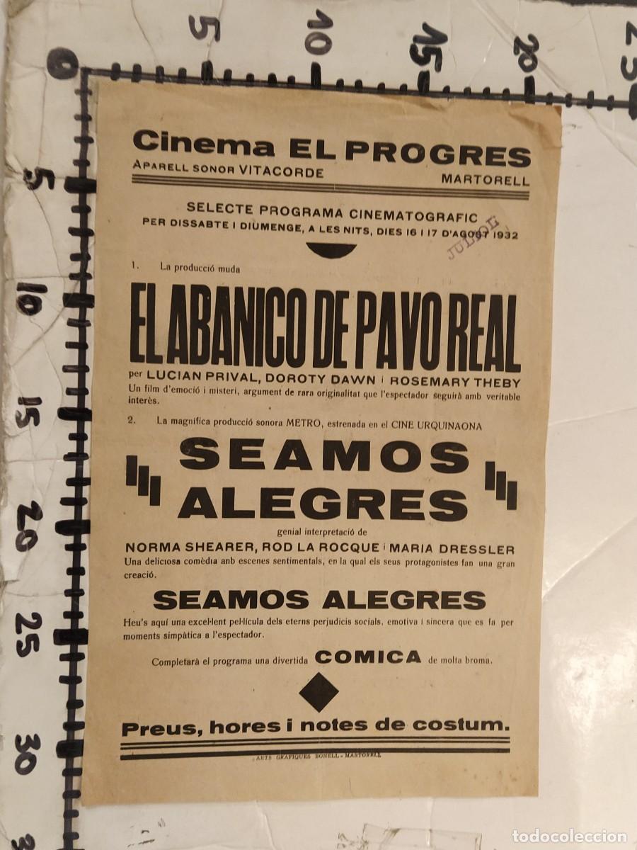 Cine: MARTORELL - CINEMA EL PROGRES - EL ABANICO DE PAVO REAL ETC - A&Ntilde;O 1932 - PROGRAMA DE CINE-(K-13.686) - Foto 3