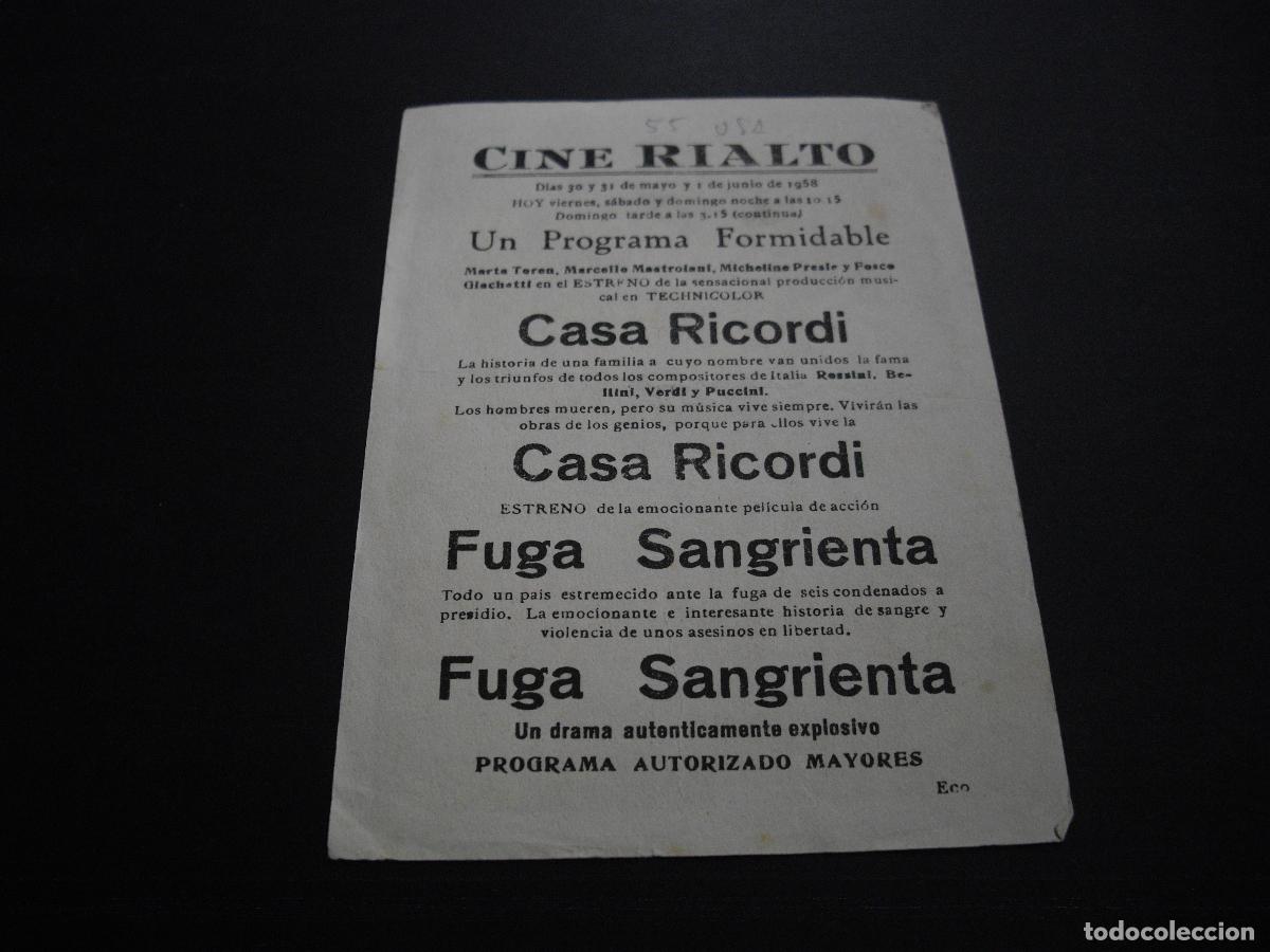 Cine: FUGA SANGRIENTA PROGRAMA DE MANO CON PUBLICIDAD CINE RIALTO - Foto 2
