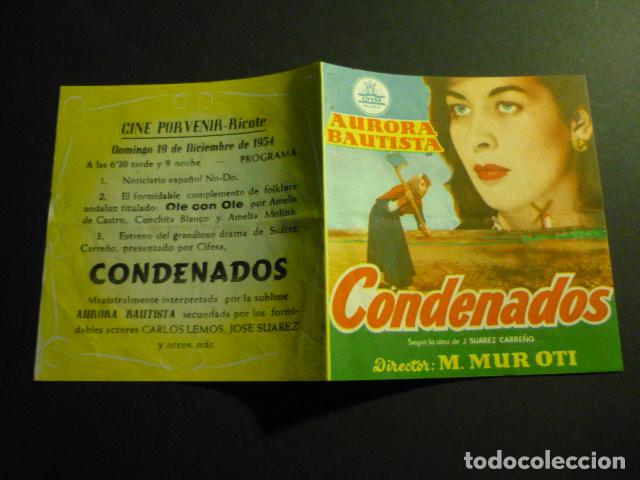 Folhetos de m&atilde;o de filmes antigos de cinema: CONDENADOS PROGRAMA DE MANO DOBLE CON PUBLICIDAD CINE PORVENIR RICOTE MURCIA