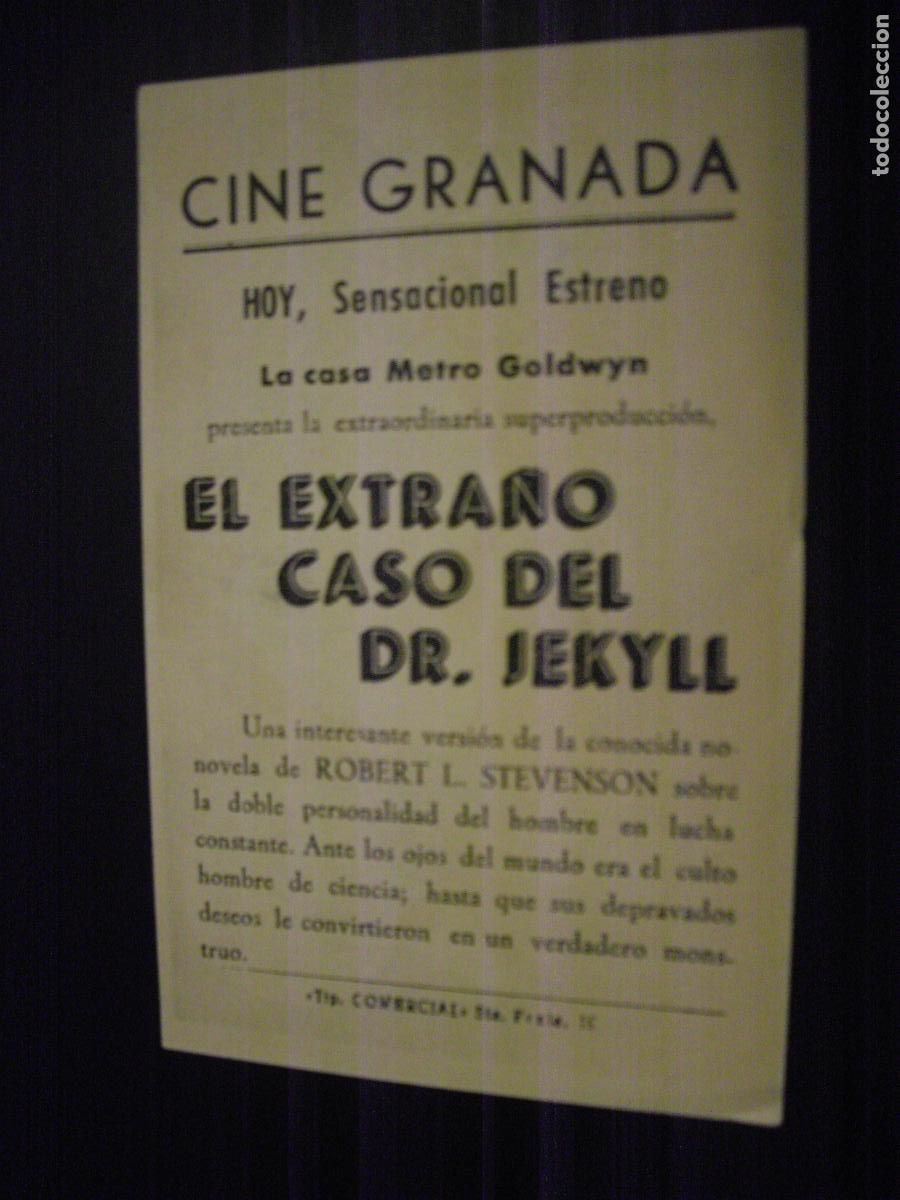 Cine: EL EXTRA&Ntilde;O CASO DEL DR. JEKYLL PROGRAMA DE MANO CON PUBLICIDAD CINE GRANADA - Foto 2