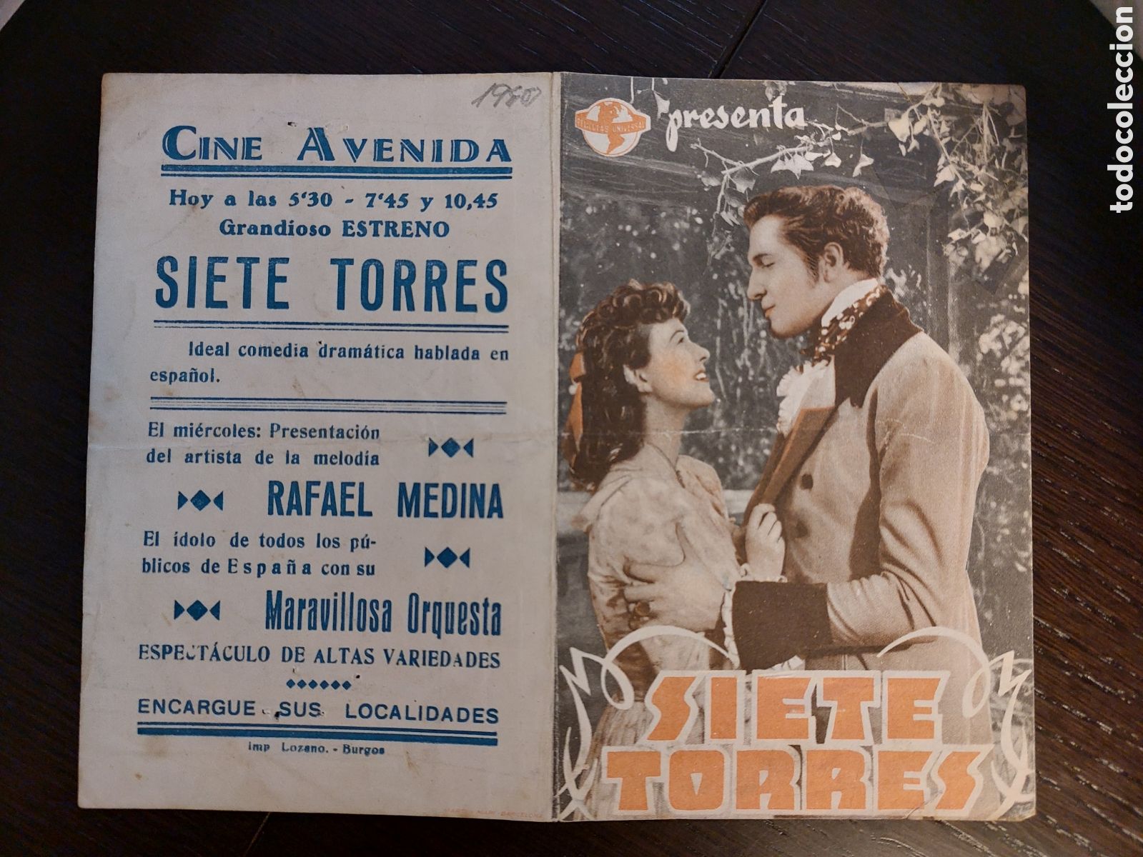  Foglietti di film di film antichi di cinema: Programa doble Siete torres, George Sanders, Vicent Price. Publicidad Cine Avenida.
