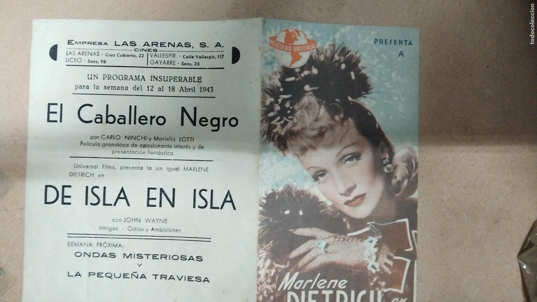 Cine: PROGRAMA DE CINE DOBLE DE ISLA EN ISLA - MARLENE DIETRICH - 1943 - Foto 1