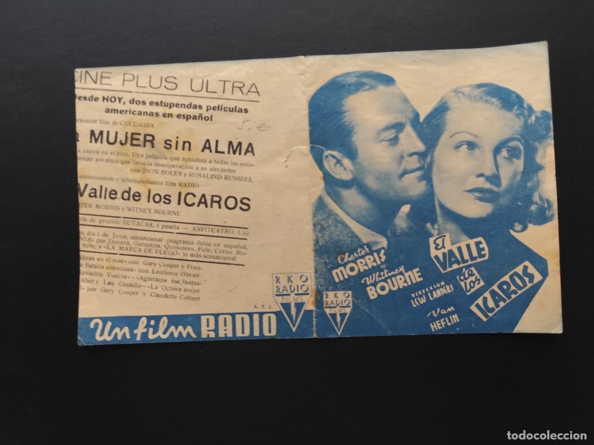 Folhetos de m&atilde;o de filmes antigos de cinema: El valle de los Icaros Doble con publicidad Cine Plus Ultra