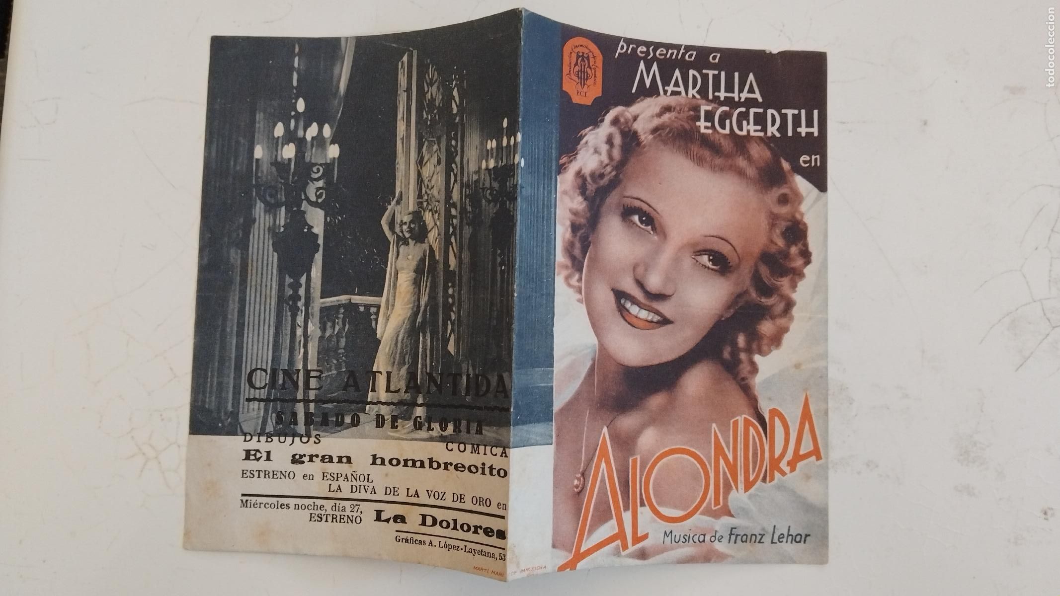 Cine: PROGRAMA DE CINE DOBLE ALONDRA - MARTHA EGGERTH - CINE ATLANTIDA - Foto 1