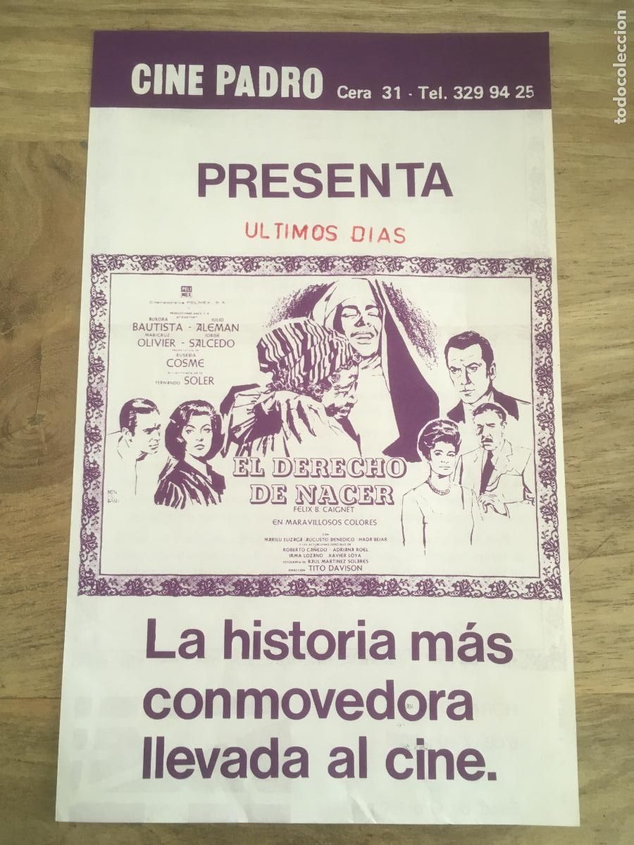 Cinema: el derecho de nacer folleto de mano local original estreno cine padro barcelona