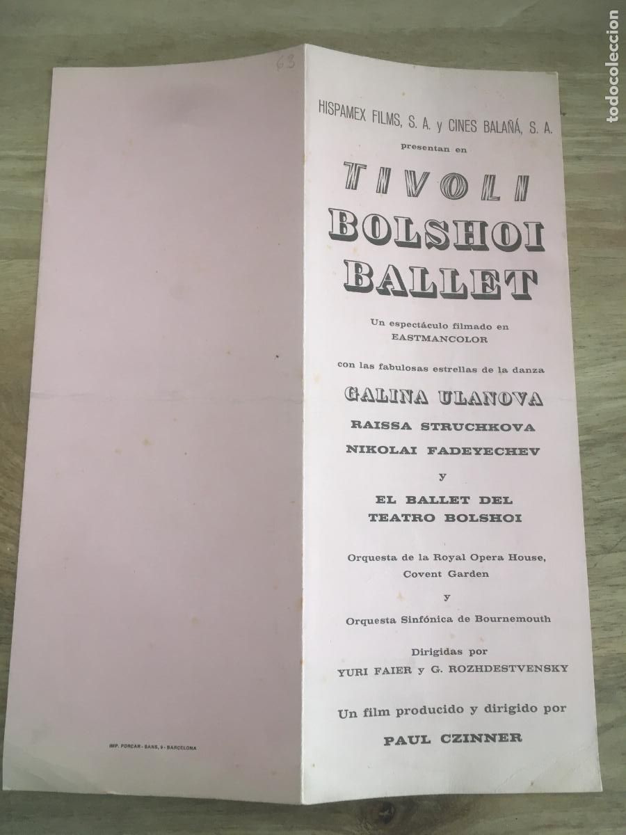 Cinema: bolshoi ballet folleto de mano local original estreno cine tivoli barcelona