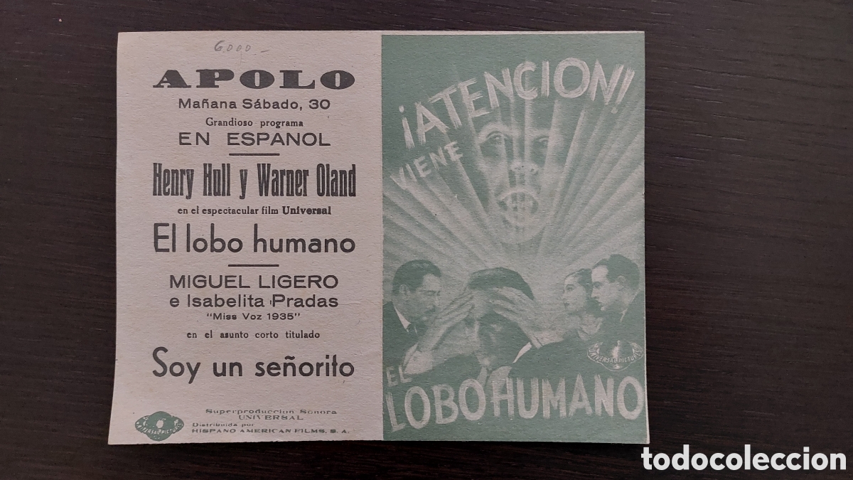 Cine: Programa facs&iacute;mil troquelado El Lobo Humano, Henry Hull. Pub. Apolo - Foto 2