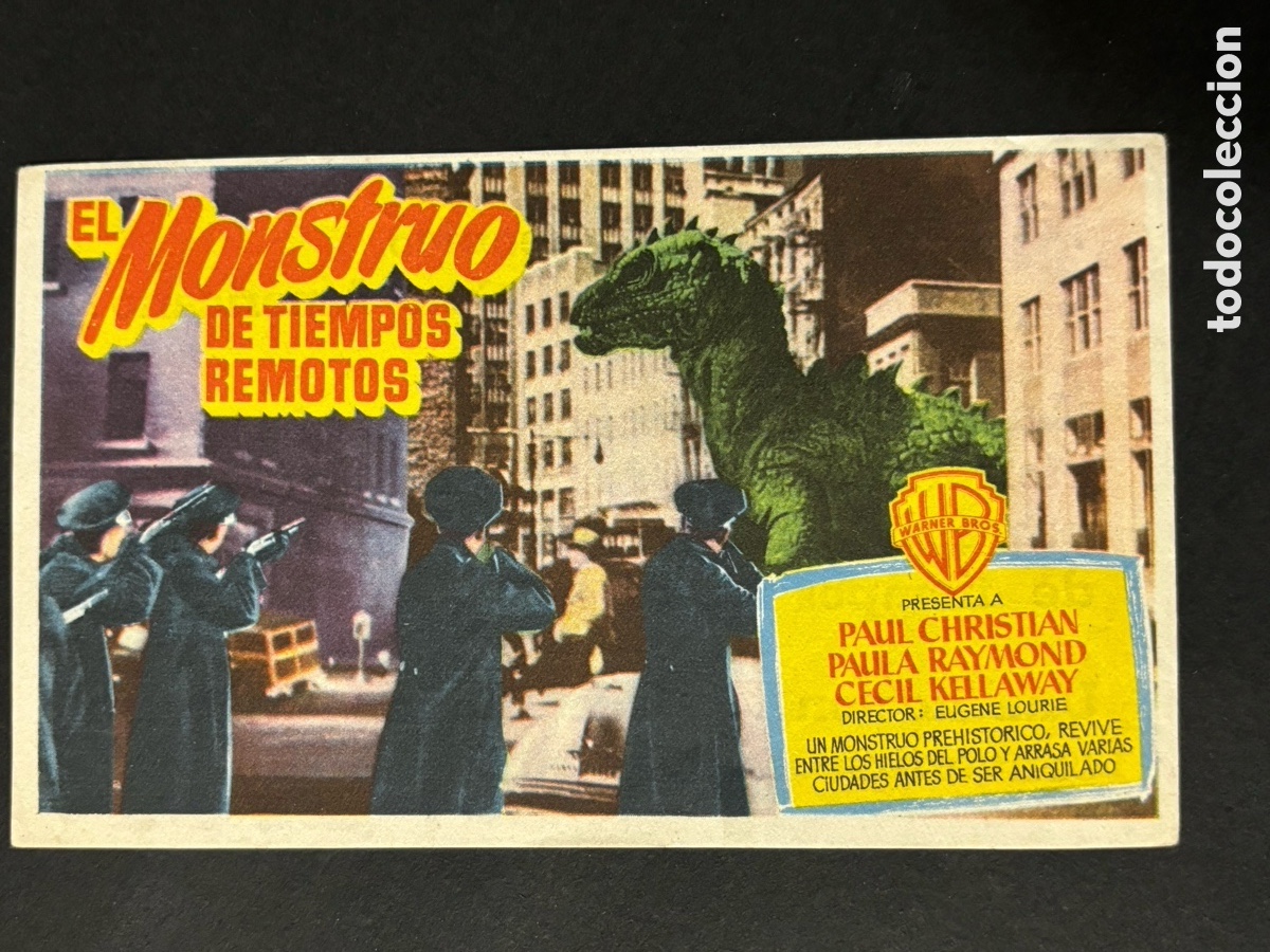 Folhetos de m&atilde;o de filmes antigos de cinema: Programa el monstruo de tiempos remotos Paul Christian con publicidad A11
