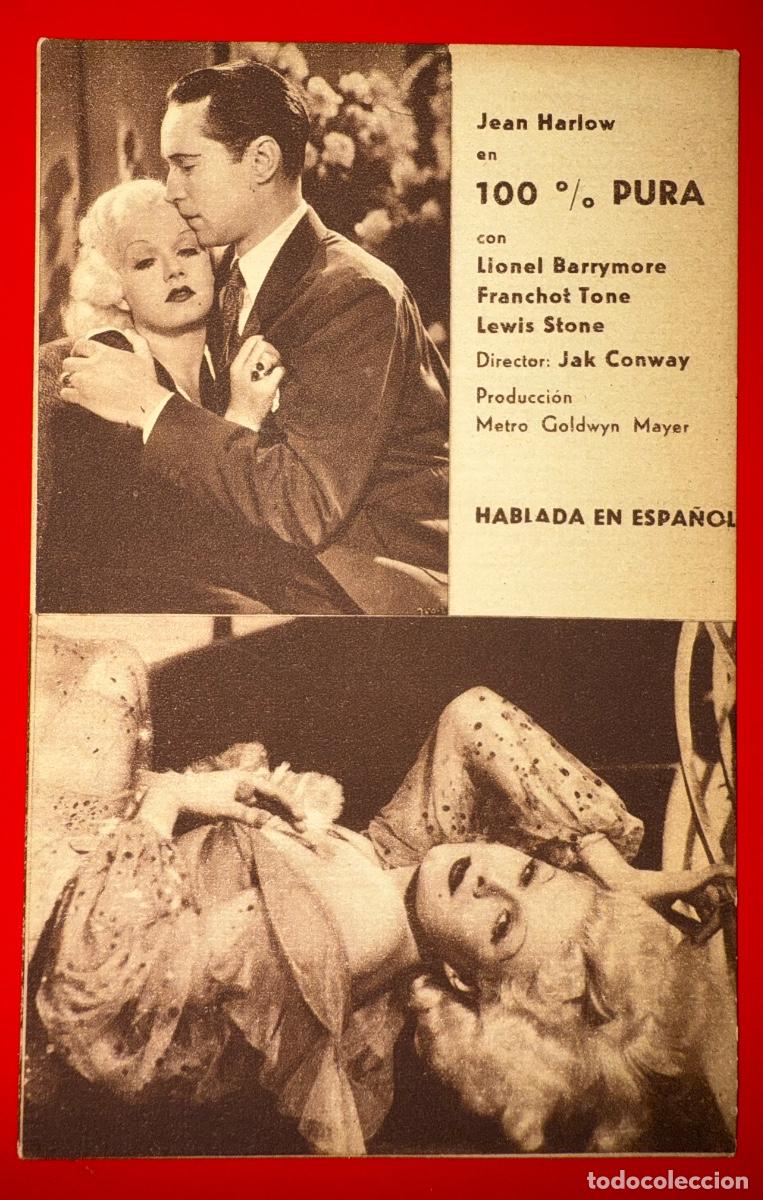 Folhetos de m&atilde;o de filmes antigos de cinema: PROGRAMA DE CINE, 100 % PURA, JEAN HARLOW,LIONEL BARRYMORE,FRANCHOT TONE,A&Ntilde;OS 30&acute;S