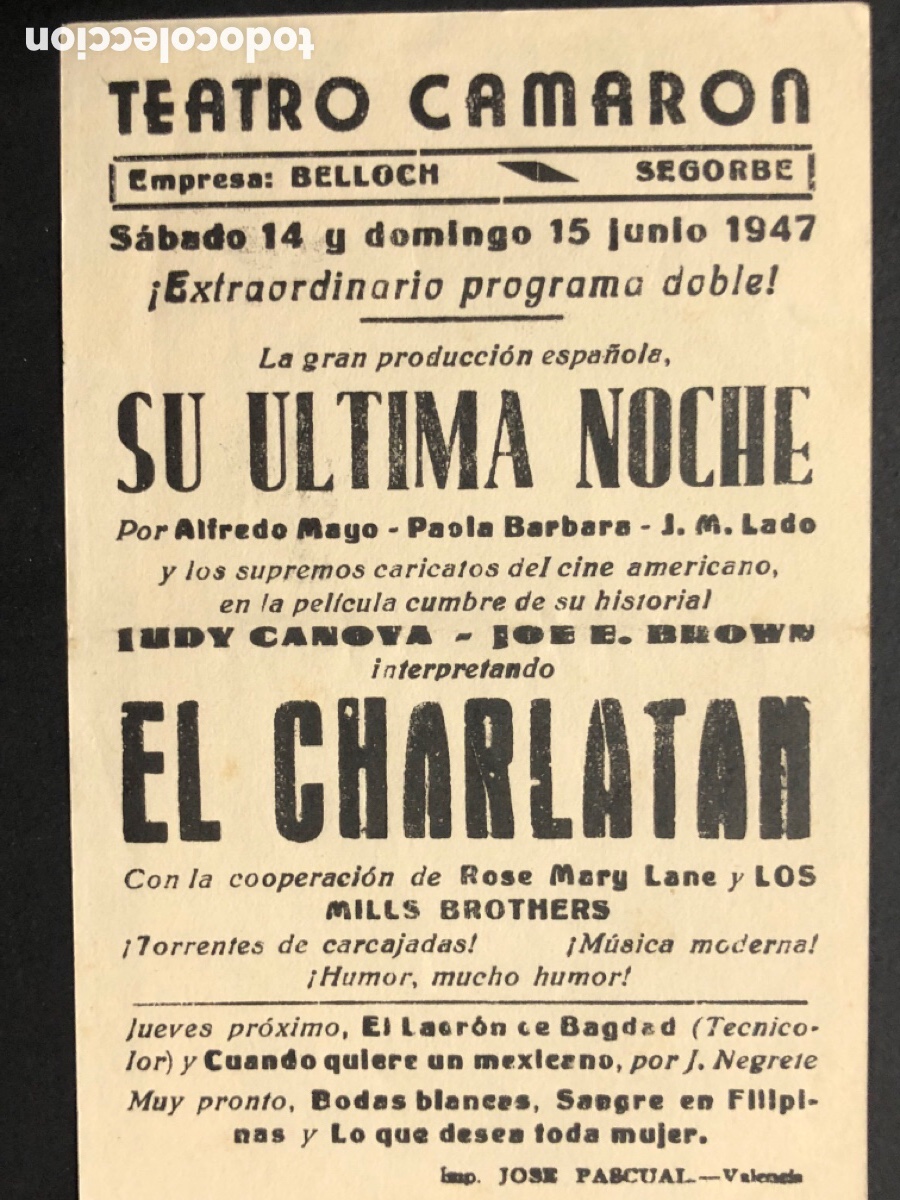 Cine: Programa el charlat&aacute;n Joe E Brown con publicidad teatro camaron Segorbe A10 - Foto 2
