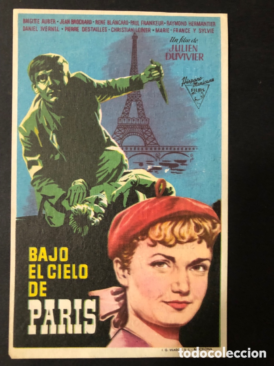 Folhetos de m&atilde;o de filmes antigos de cinema: Programa bajo el cielo de paris Brigitte auber con publicidad cine teatro principal A11