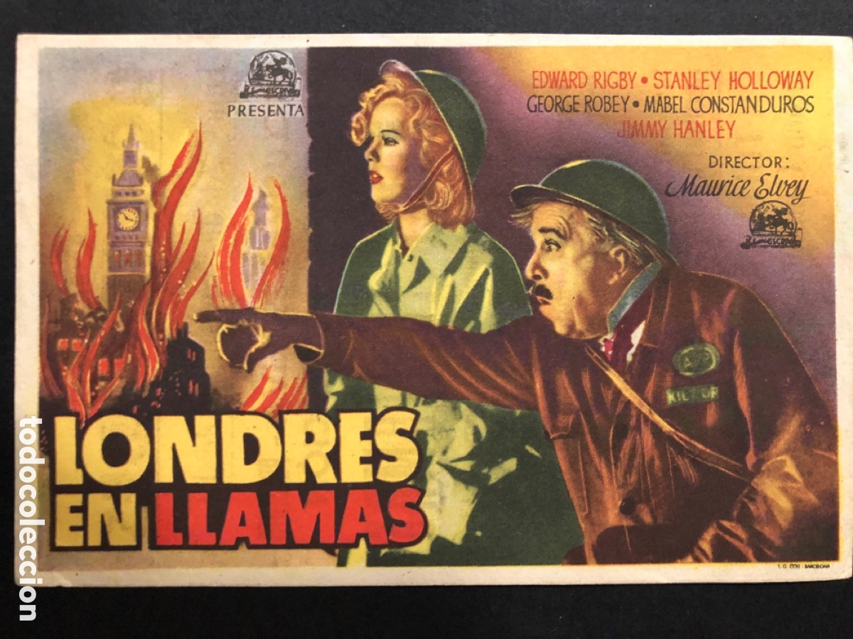 Folhetos de m&atilde;o de filmes antigos de cinema: Programa londres en llamas con publicidad cine actualidades A11