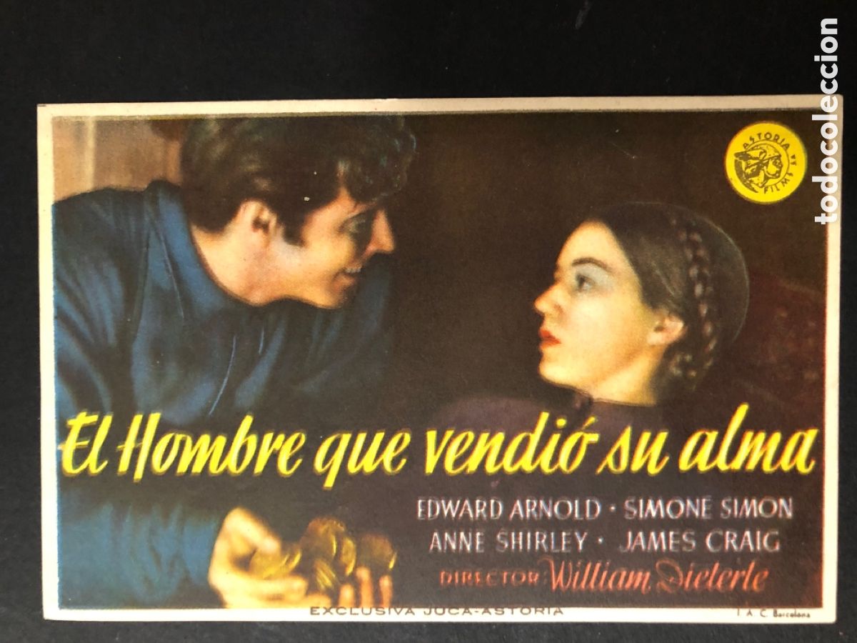 Folhetos de m&atilde;o de filmes antigos de cinema: Programa el hombre que vendi&oacute; su alma simone Simon con publicidad cine victoria A10