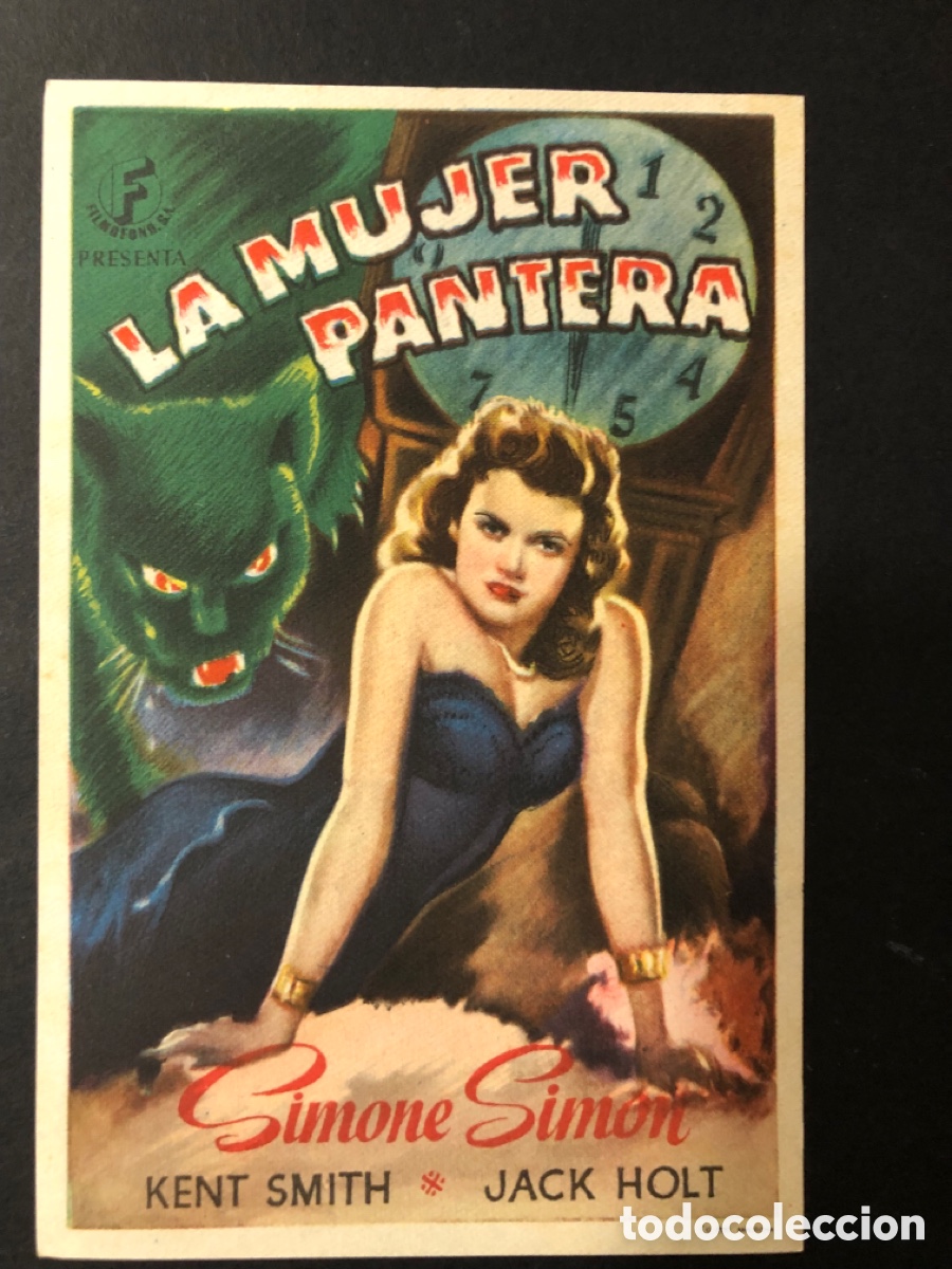 Folhetos de m&atilde;o de filmes antigos de cinema: Programa la mujer pantera simone Simon con publicidad cine municipal jerez A10