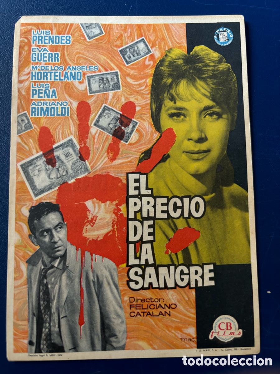 Folhetos de m&atilde;o de filmes antigos de cinema: Programa el precio de la sangre Luis prendes con publicidad cine romea Castell&oacute;n A5