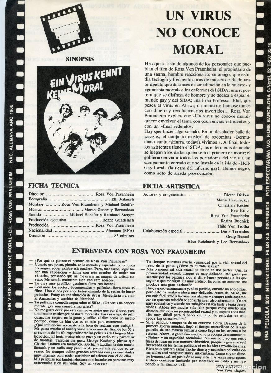 Folhetos de m&atilde;o de filmes antigos de cinema: Folleto de cine de &rdquo;Un virus no conoce moral&rdquo; de Rosa Von Praunheim. Cine Verdi, Barcelona 1986
