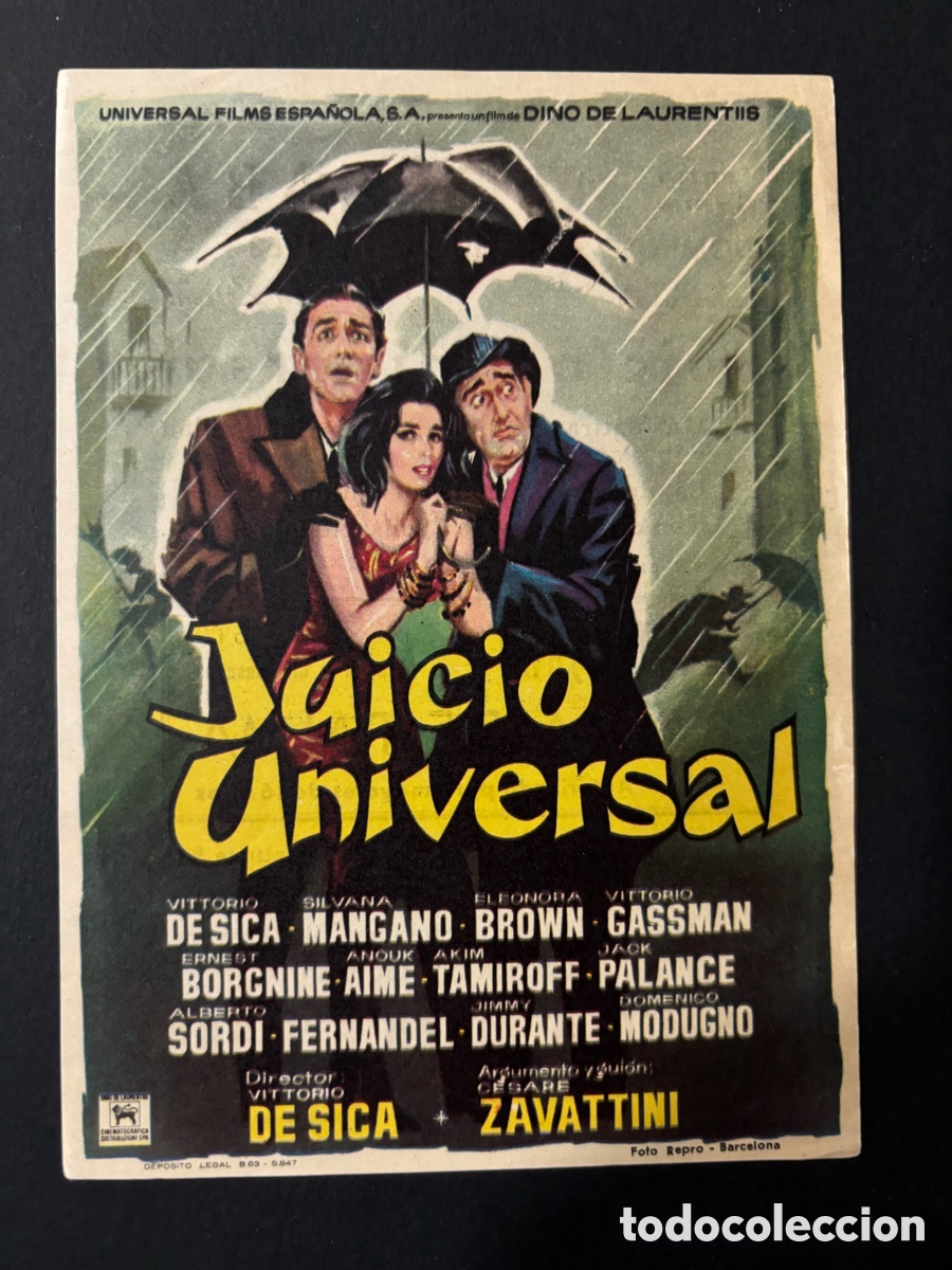Folhetos de m&atilde;o de filmes antigos de cinema: Programa juicio universal Vittorio de Sica con publicidad teatro cine alcazaba M&eacute;rida A2