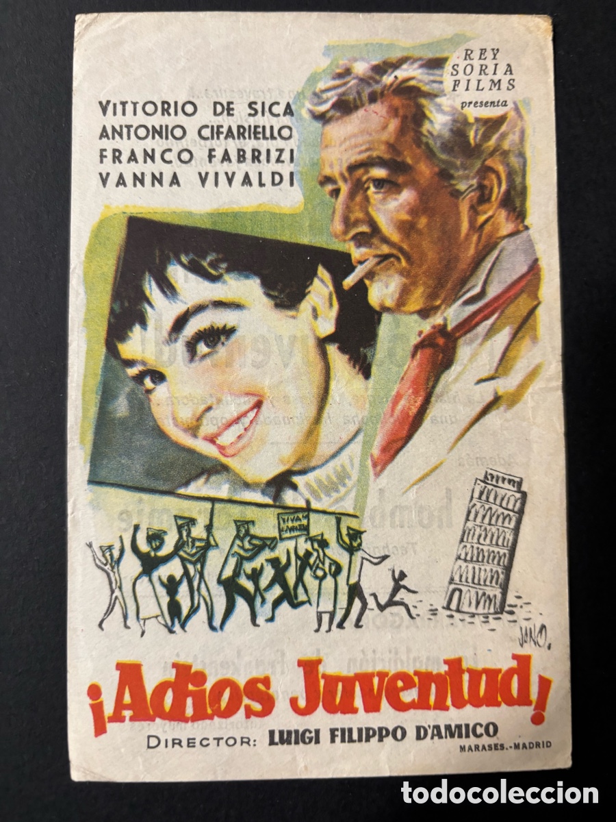  Foglietti di film di film antichi di cinema: Programa adi&oacute;s juventud Vittorio de Sica con publicidad cine f&eacute;mina A2