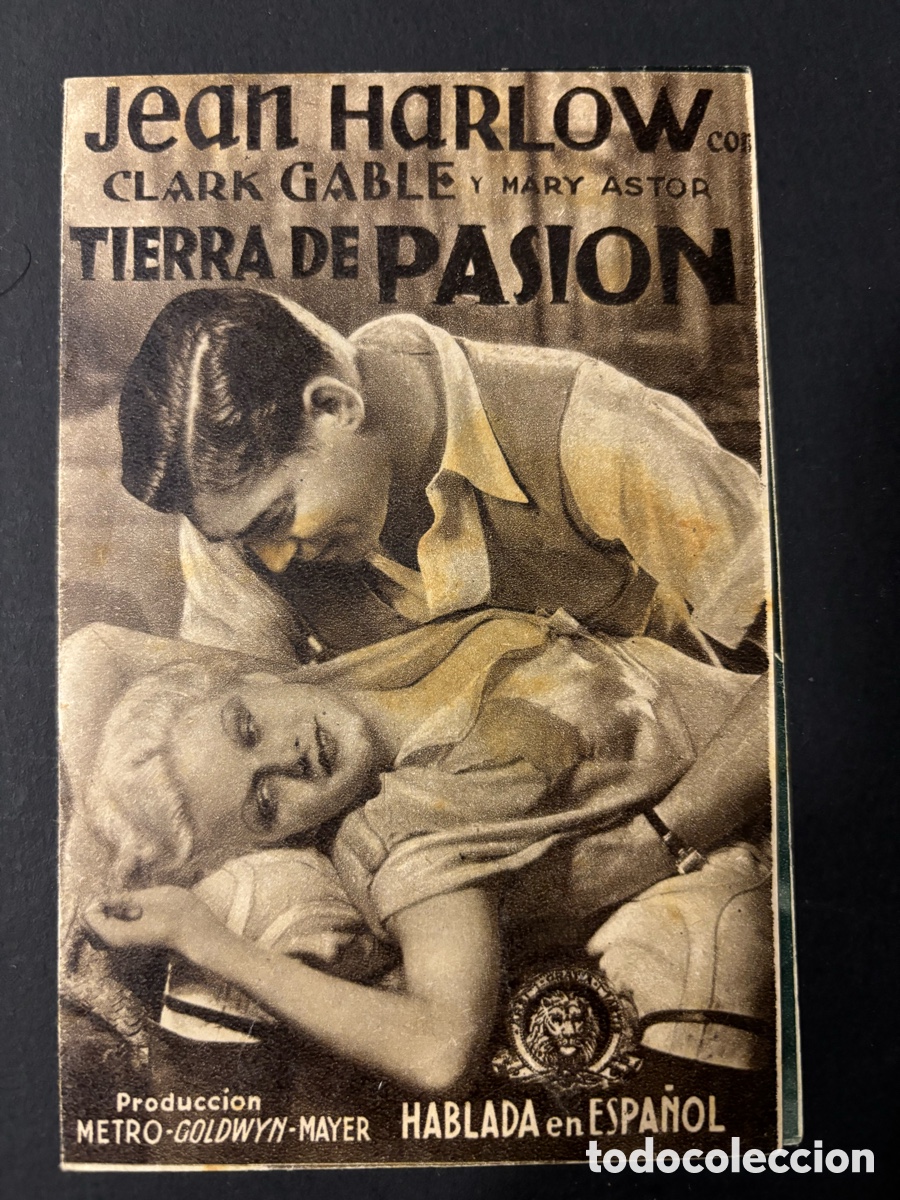 Folhetos de m&atilde;o de filmes antigos de cinema: Programa MGM tierra de pasi&oacute;n jean Harlow con publicidad cinema Goya A12
