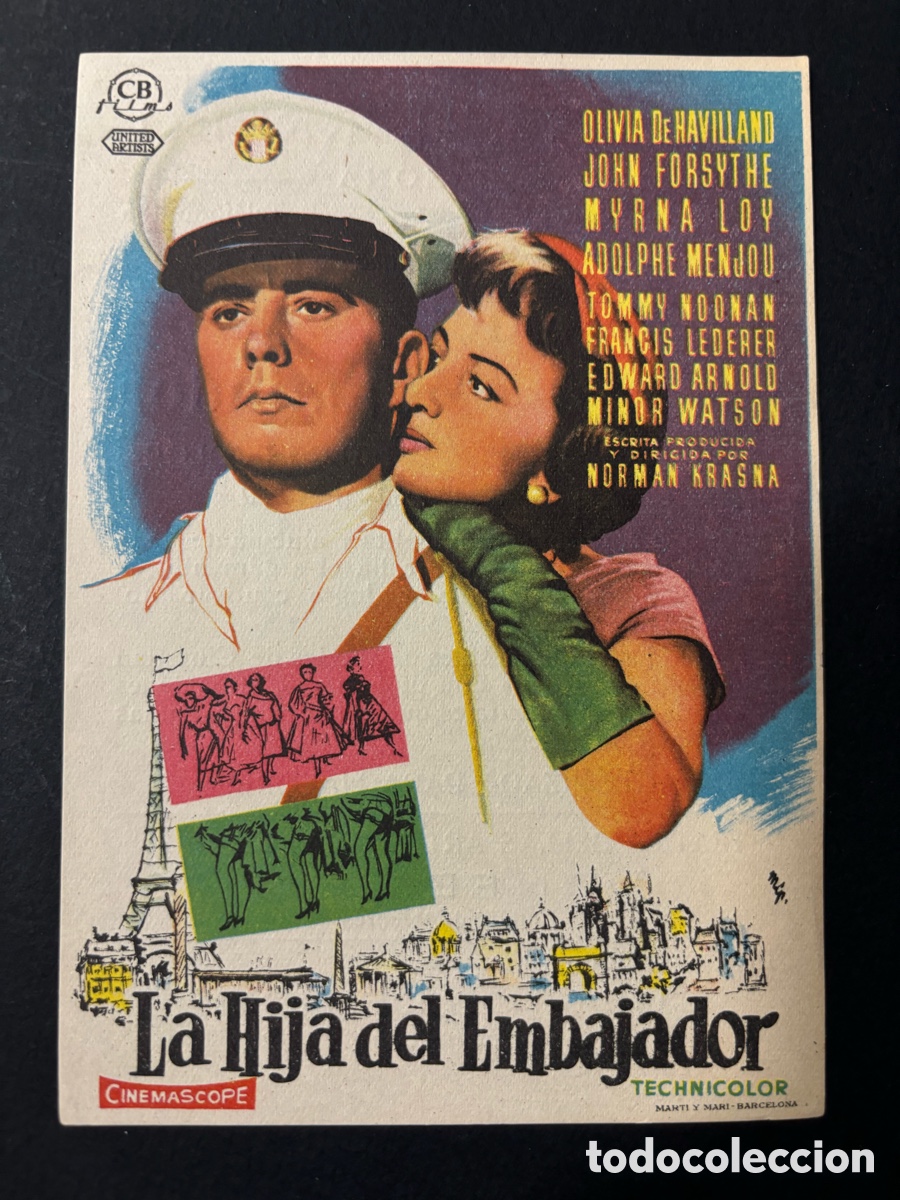 Folhetos de m&atilde;o de filmes antigos de cinema: Programa la hija del embajador Olivia de havilland con publicidad cinema Herrero tarazona A12