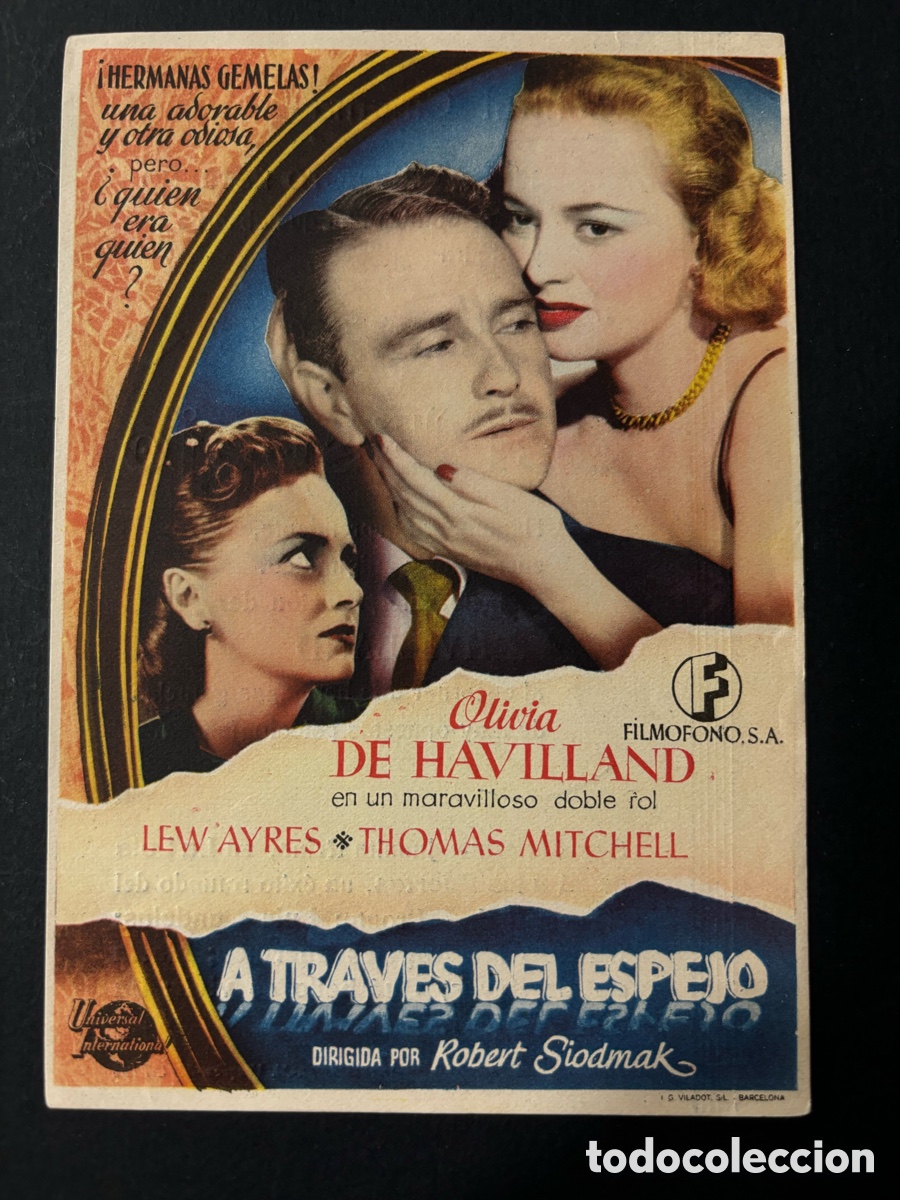 Folhetos de m&atilde;o de filmes antigos de cinema: Programa a trav&eacute;s del espejo Olivia de havilland con publicidad central cinema isla Cristina A12