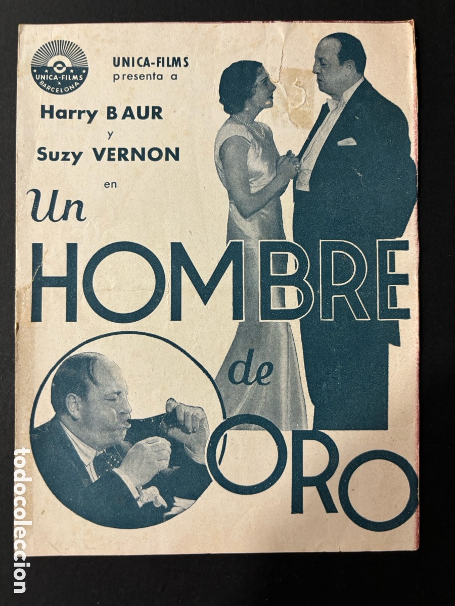 Folhetos de m&atilde;o de filmes antigos de cinema: Programa un hombre de oro Harry Baur con publicidad cine victoria L&eacute;rida A12