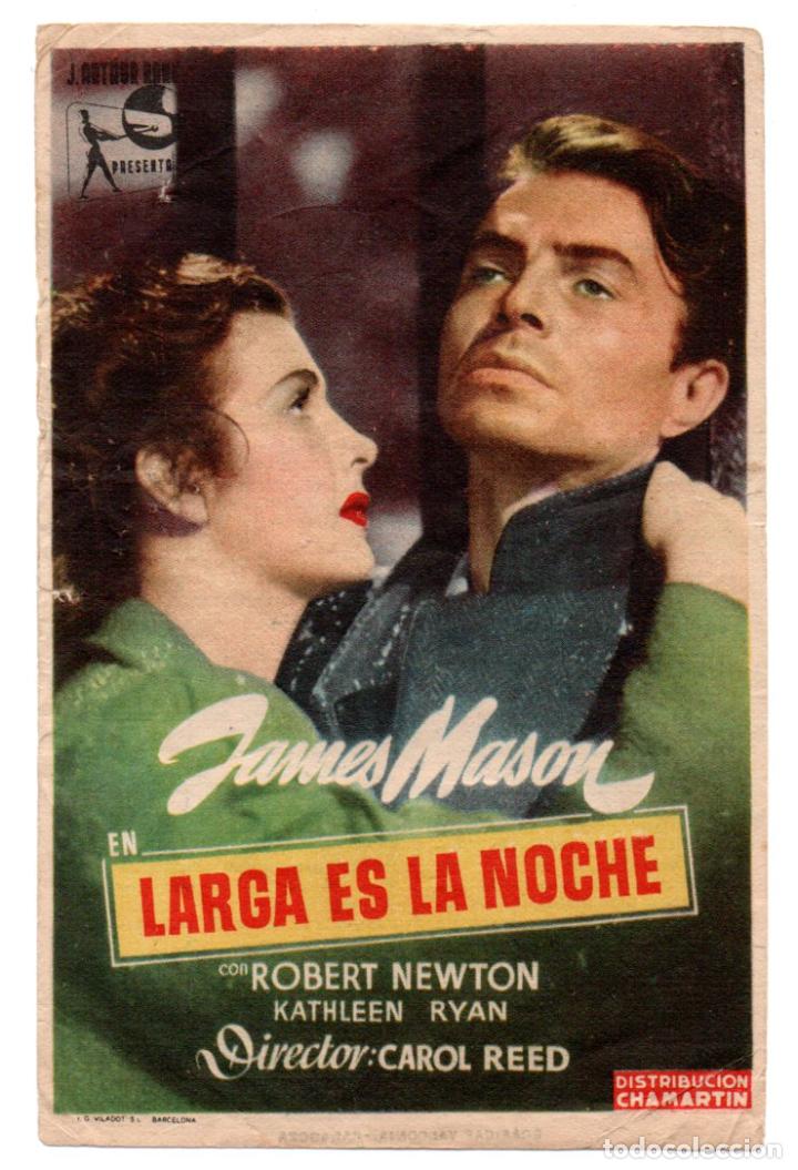 Folhetos de m&atilde;o de filmes antigos de cinema: LARGA ES LA NOCHE - JAMES MASON, ROBERT NEWTON - DIRECTOR CAROL REED - CINE ALHAMBRA