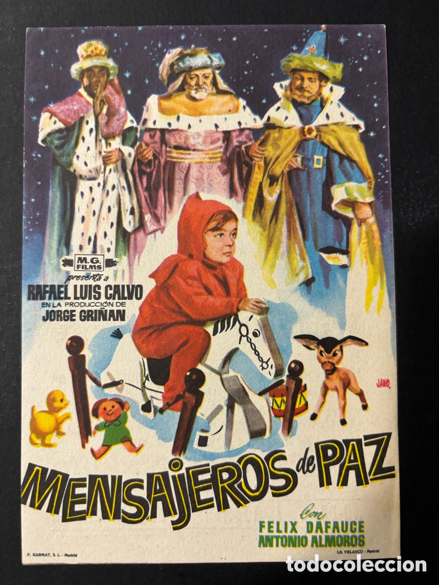 Folhetos de m&atilde;o de filmes antigos de cinema: Programa sencillo mensajeros de paz Rafael Luis Calvo con publicidad Casal parroquial mollerusa A3