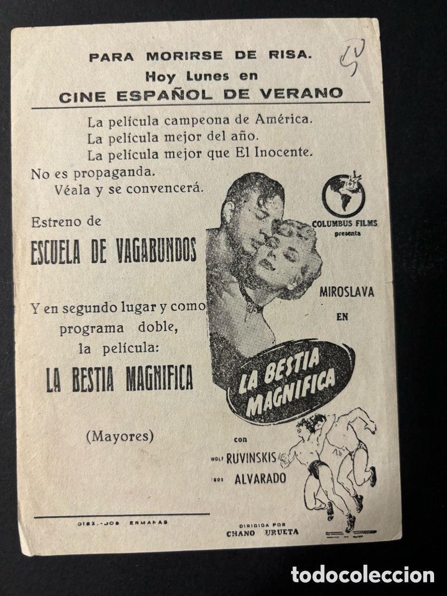 Folhetos de m&atilde;o de filmes antigos de cinema: Programa escuela de vagabundos Pedro infante miroslava con publicidad la bestia magn&iacute;fica A3
