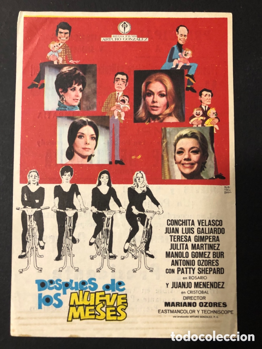 Folhetos de m&atilde;o de filmes antigos de cinema: Programa despu&eacute;s de nueve meses Conchita Velasco con publicidad cine principal inca A3