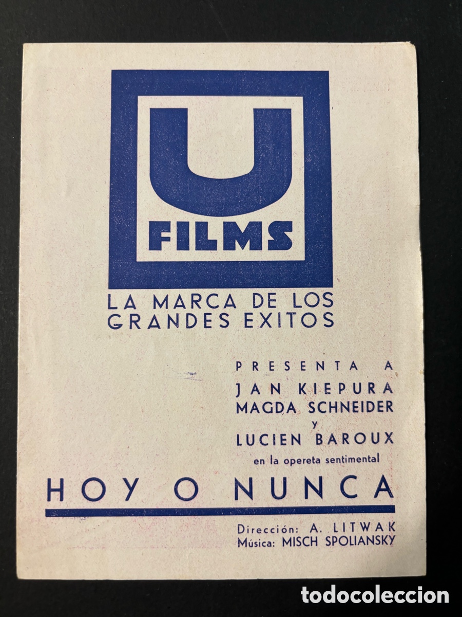 Folhetos de m&atilde;o de filmes antigos de cinema: Programa hoy o nunca Jan kiepura Magda Schneider con publicidad sala Edison Figueras A12