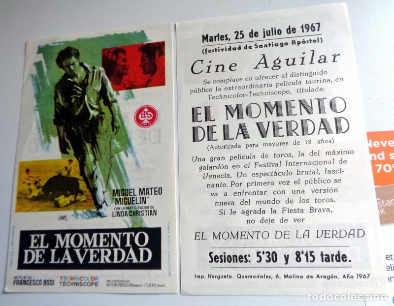 Folhetos de m&atilde;o de filmes antigos de cinema: PROGRAMA CINE AGUILAR MOLINA DE ARAG&Oacute;N GUADALAJARA. EL MOMENTO DE LA VERDAD MIGUEL MATEO. ANTIGUO