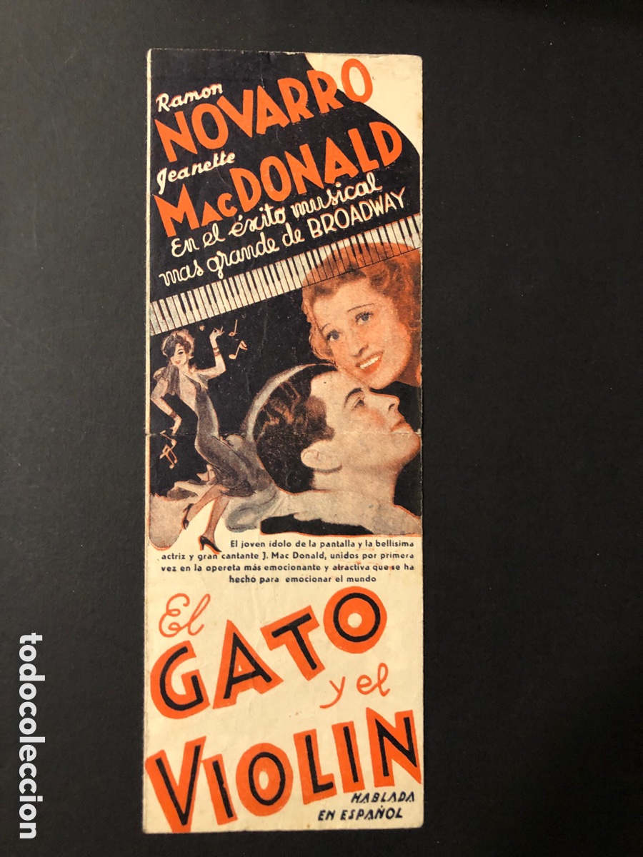 Folhetos de m&atilde;o de filmes antigos de cinema: Programa el gato y el viol&iacute;n ram&oacute;n novarro con publicidad teatro circo A12