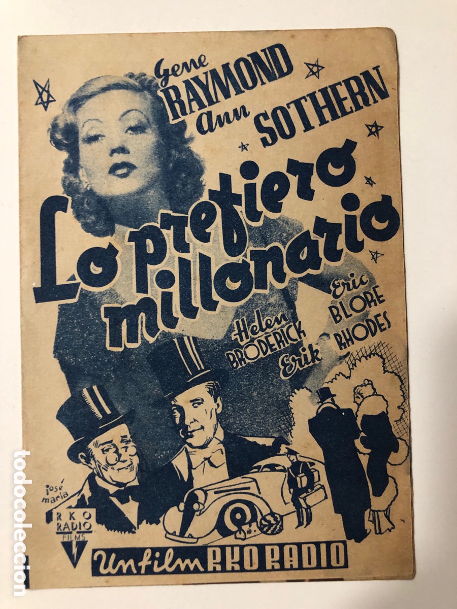 Folhetos de m&atilde;o de filmes antigos de cinema: Programa lo prefiero millonario Gene Raymond con publicidad teatro cine nuevo A12