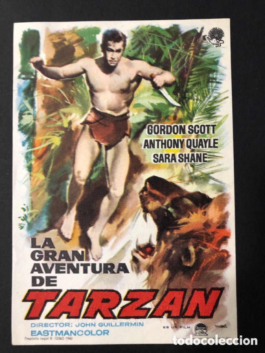 Folhetos de m&atilde;o de filmes antigos de cinema: Programa la gran aventura de tarzan Gordon scott con publicidad cine avenida valencia A12