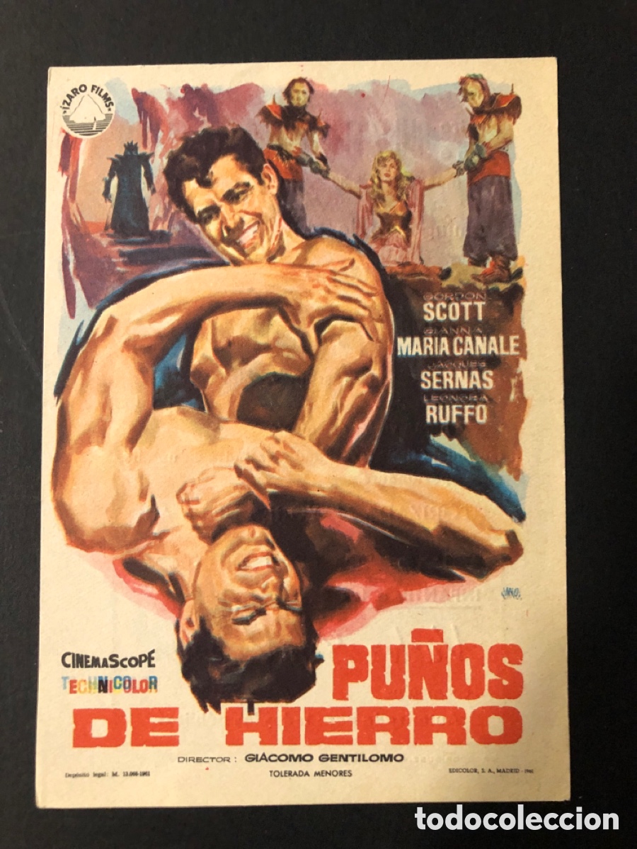 Folhetos de m&atilde;o de filmes antigos de cinema: Programa pu&ntilde;os de hierro Gordon scott con publicidad teatro cine alcazaba merida A12
