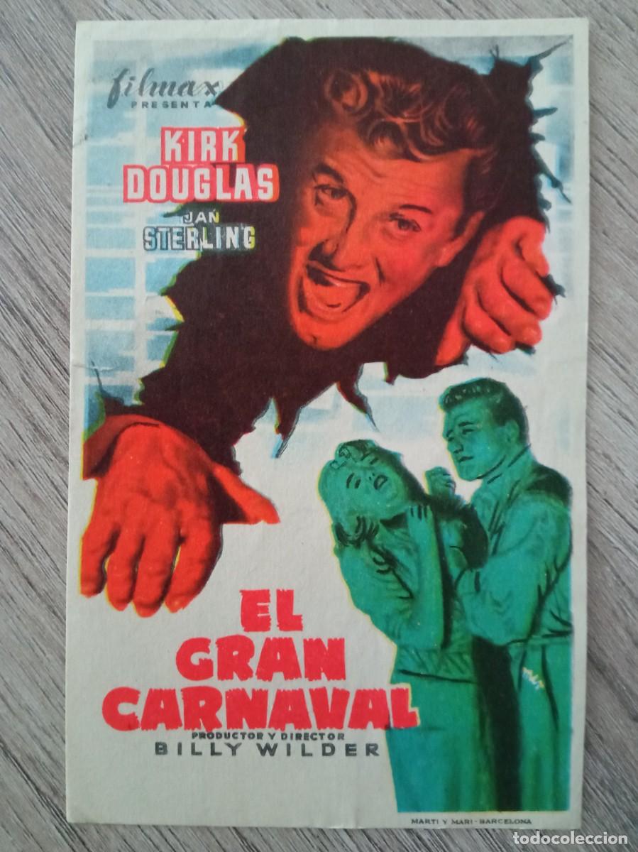 Folhetos de m&atilde;o de filmes antigos de cinema: EL GRAN CARNAVAL, KIRK DOUGLAS, CON BONITOS SELLOS DE CORREOS DETR&Aacute;S