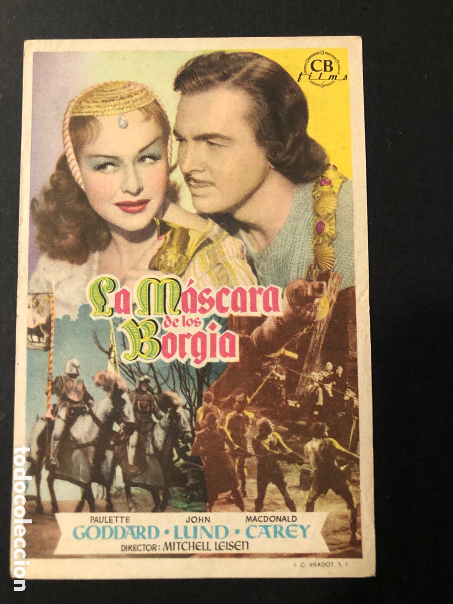 Folhetos de m&atilde;o de filmes antigos de cinema: Programa la m&aacute;scara de los Borgia paulette goddard con publicidad cine mary A12