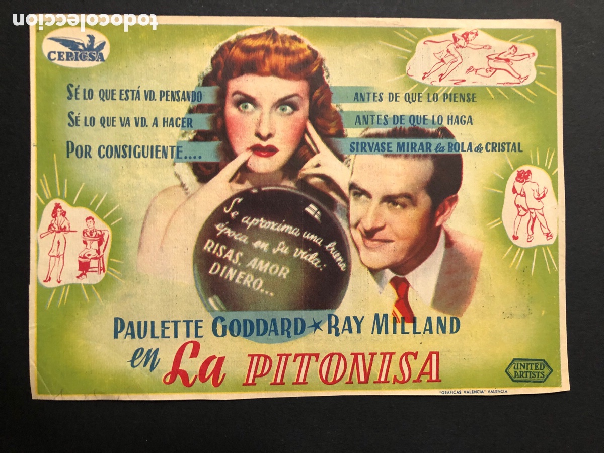 Folhetos de m&atilde;o de filmes antigos de cinema: Programa la pitonisa paulette goddard con publicidad cine cultural mislata A12