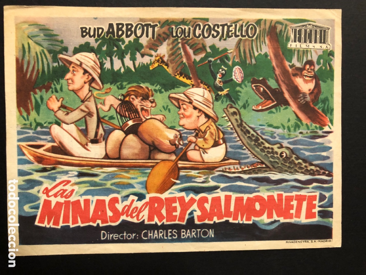 Folhetos de m&atilde;o de filmes antigos de cinema: Programa las minas del rey salmonete abbott y costello con publicidad salon victoria priego A12